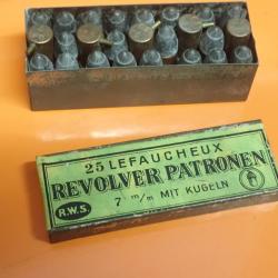 Boite de 25 cartouches LEFAUCHEUX 7 mm &agrave; broche. Class&eacute;es en D