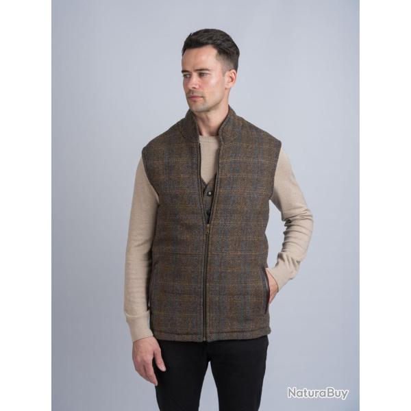 Gilet bodywarmer tweed horse brown et insert cuir - 56