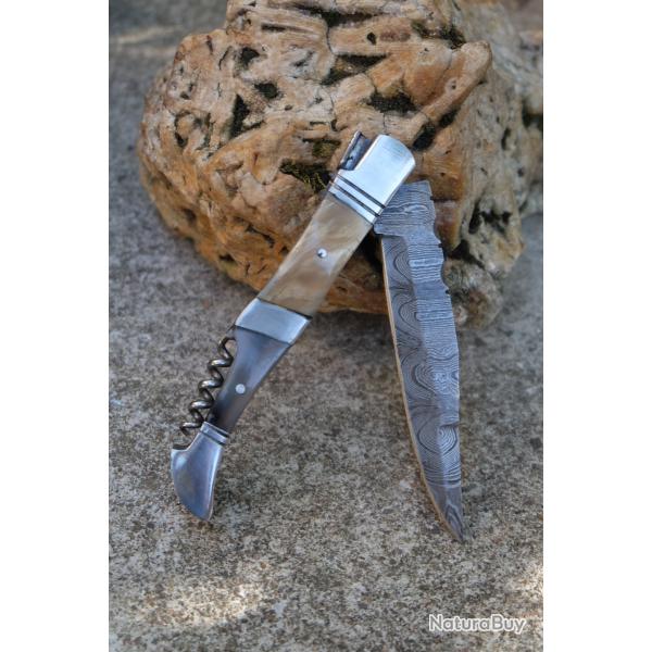 Couteau Damas Lame 128 Couches Fa�on Laguiole Abeille Manche Corne Blonde Tire Bouchons F Artisanat