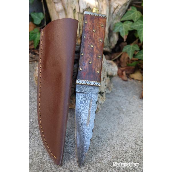 Couteau Dague Scottish Dirk Lame Acier Damas 256 Couches Manche Bois Clout� Etui Cuir Fab Artisanale
