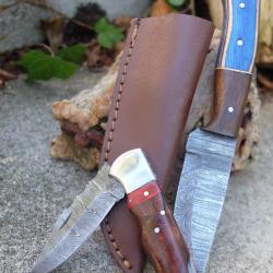 Lot de 2 Couteau Lame Damas 1 Fa&ccedil;on Buck 112 128Couches + 1 Skinner 256 Couches Etui Fabr Artisan 01