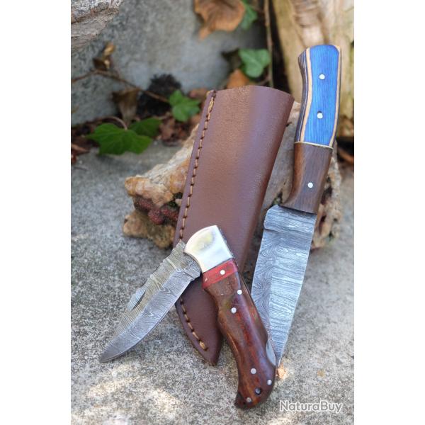 Lot de 2 Couteau Lame Damas 1 Fa�on Buck 112 128Couches + 1 Skinner 256 Couches Etui Fabr Artisan 01