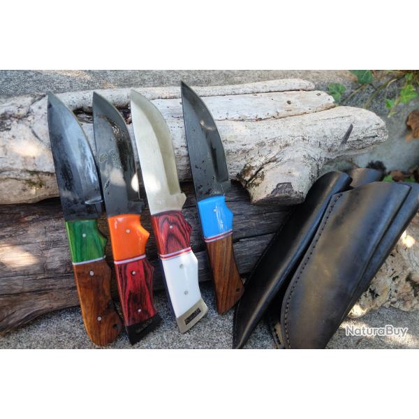 LOT DE 4 Couteau Tactical Urbain Lame Drop Acier Carbone 1055 Blk Manche Bois Etui Fab Artisanale