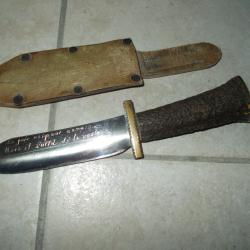 ancien gros couteau chasse &agrave; courre bois cerf lame grav&eacute;e chasseur d&eacute;coupe gibier vintage poignard