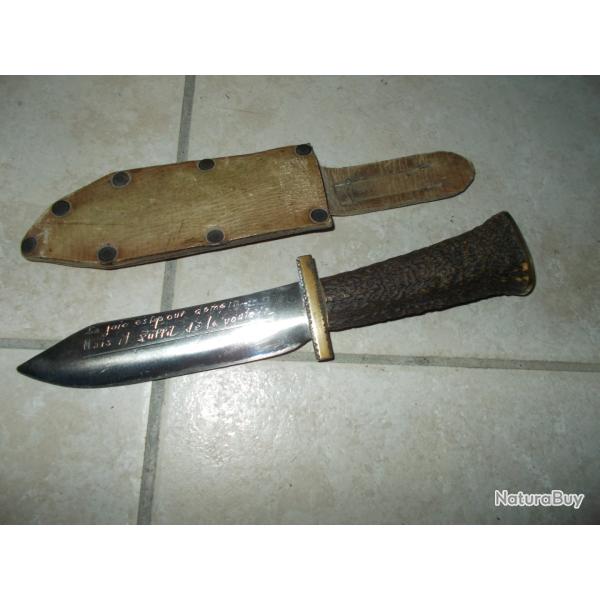 ancien gros couteau chasse � courre bois cerf lame grav�e chasseur d�coupe gibier vintage poignard
