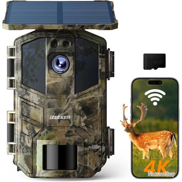 Cam�ra Chasse Solaire Batterie 5200mAh 4K Vision Nocturne 64MP WiFi 6 Bluetooth Etanche IP66 SD 32G