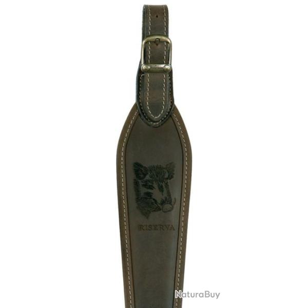 Bretelle cuir marron motif sanglier, RISERVA.