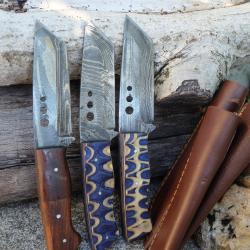Lot de 3 Couteau Tactical Urbain Tanto Damas Lame Acier 256 Couches Manche Bois Etui Cuir F Artisan