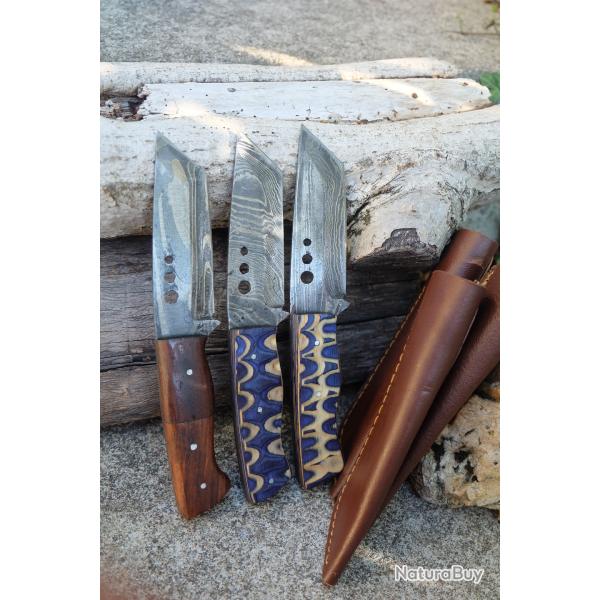 Lot de 3 Couteau Tactical Urbain Tanto Damas Lame Acier 256 Couches Manche Bois Etui Cuir F Artisan