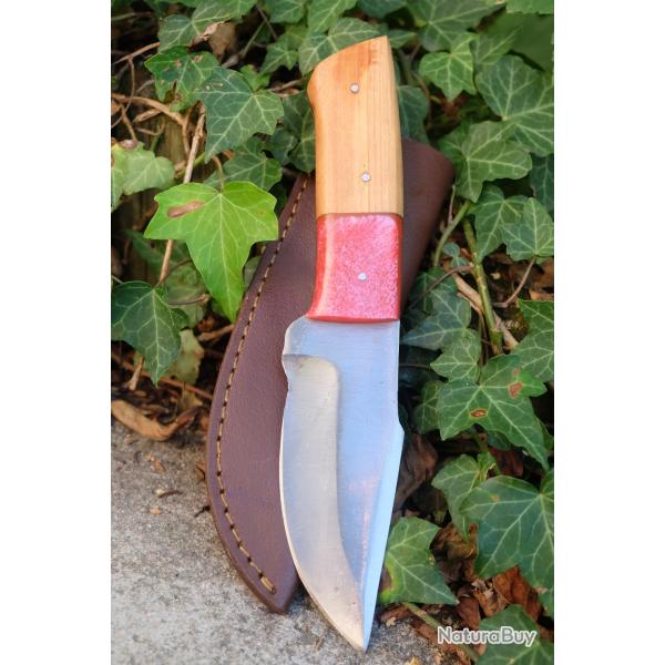 Couteau de Chasse Bushcraft Lame Drop Point Acier Carbone 1055 Manche Bois/R�sine Etui Fabr Artisan