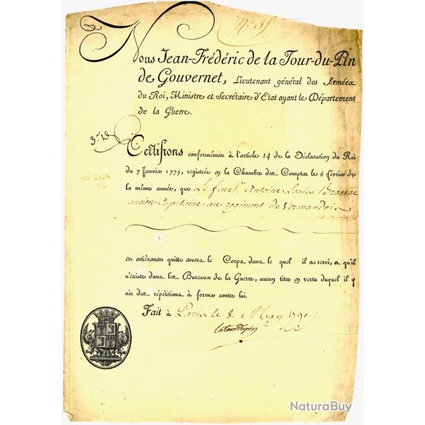 RARE DOCUMENT MILITAIRE ORIGINAL - 1790 - LOUIS XVI / R�VOLUTION FRAN�AISE