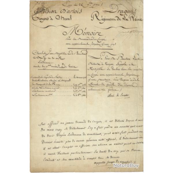 Cong� militaire manuscrit - Dragons, R�giment de la Reine - Division d'Artois - 1790