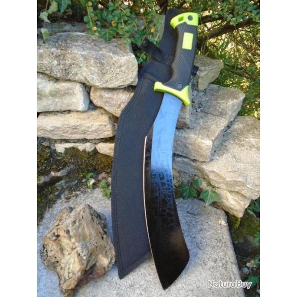 Machette Couteau Kukkri Bushcraft Parang Machete Lame Acier 3Cr13 Manche ABS Green/Black Etui Nylon