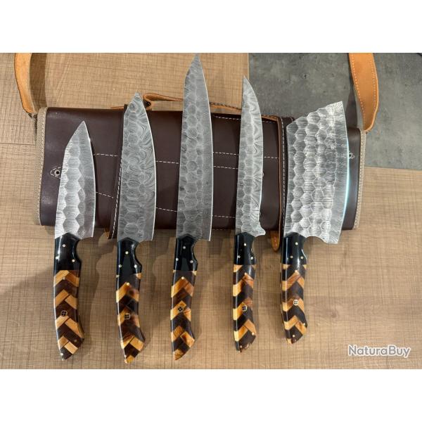 Set de 5 Couteaux de Cuisine, Couteaux Artisanal Forg� Main, Lame Damas 128 couches �tui en Cuir