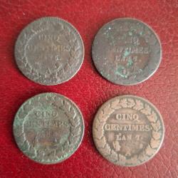 Lot de 4 pi&egrave;ces de 5 centimes An 5, 7 et 8 dont An 7/5 D