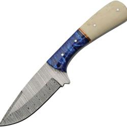 Couteau de D&eacute;pouille Damas Lame Acier Manche Os de Chameau et Acrylique Bleu Etui Cuir DM1370BL