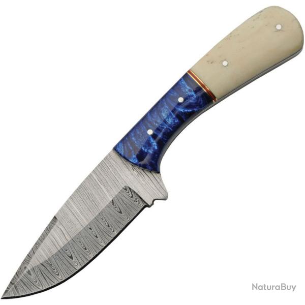 Couteau de D�pouille Damas Lame Acier Manche Os de Chameau et Acrylique Bleu Etui Cuir DM1370BL