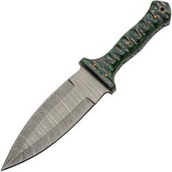 Couteau de Chasse Damas Lame Acier Manche Bois Sculpt&eacute; Noir et Vert Etui Cuir DM1371GN
