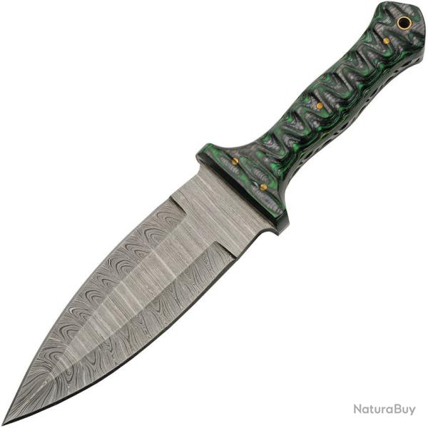 Couteau de Chasse Damas Lame Acier Manche Bois Sculpt� Noir et Vert Etui Cuir DM1371GN