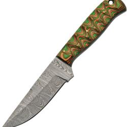 Couteau de Chasse Damas Lame Acier Manche Bois Sculpt&eacute; Vert et Marron Etui Cuir DM1376BR