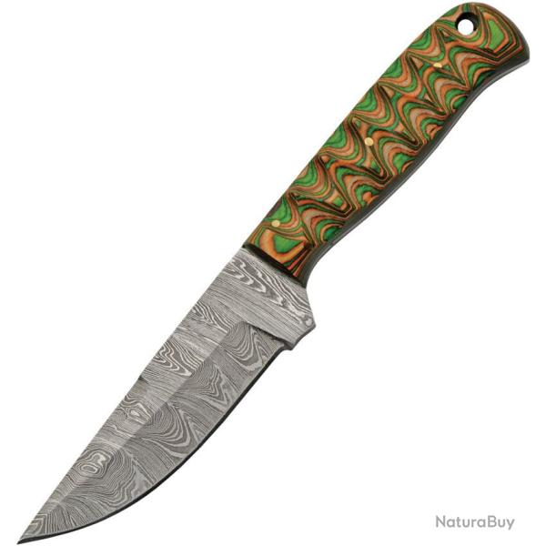 Couteau de Chasse Damas Lame Acier Manche Bois Sculpt� Vert et Marron Etui Cuir DM1376BR