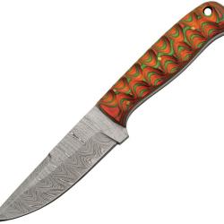 Couteau de Chasse Damas Lame Acier Manche Bois Sculpt&eacute; Orange et Vert Etui Cuir DM1376OR