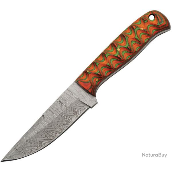 Couteau de Chasse Damas Lame Acier Manche Bois Sculpt� Orange et Vert Etui Cuir DM1376OR