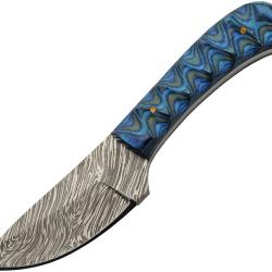 Couteau de D&eacute;pouille Damas Lame Acier Manche Bois Sculpt&eacute; Noir et Bleu Etui Cuir DM1377BL