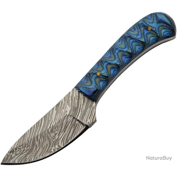 Couteau de D�pouille Damas Lame Acier Manche Bois Sculpt� Noir et Bleu Etui Cuir DM1377BL