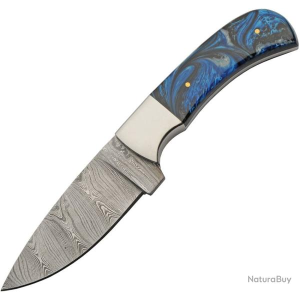 Couteau de Chasse Damas Sky Blue Lame Acier Manche R�sine Bleue et Noire Etui Cuir DM1380