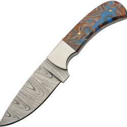Couteau de Chasse Damas Space Hunter Lame Acier Manche R&eacute;sine Bleue et Marron Etui Cuir DM1381