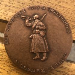 M&eacute;daille Cessez Le Feu 11 Novembre 1918 A 11h. 50 ANS 1918 1968 BRONZE WW1 POILU