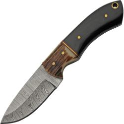 Couteau de D&eacute;pouille Damas Eld Lame Acier Manche Bois de Cerf et Corne de Buffle Etui Cuir DM1399 -