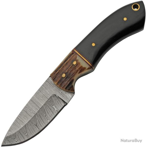 Couteau de D�pouille Damas Eld Lame Acier Manche Bois de Cerf et Corne de Buffle Etui Cuir DM1399 -