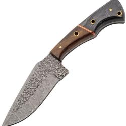 Couteau de Chasse Damas Hammerhead Lame Acier Manche Bois Noir et Marron Etui Cuir DM1403