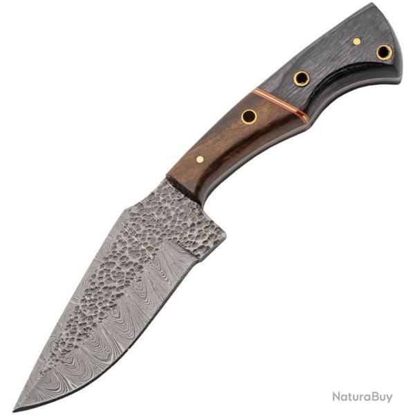 Couteau de Chasse Damas Hammerhead Lame Acier Manche Bois Noir et Marron Etui Cuir DM1403