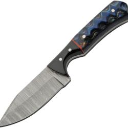 Couteau de D&eacute;pouille Damas Lame Acier Manche Pakkawood Noir et Bleu Sculpt&eacute; Etui Cuir DM1404BL