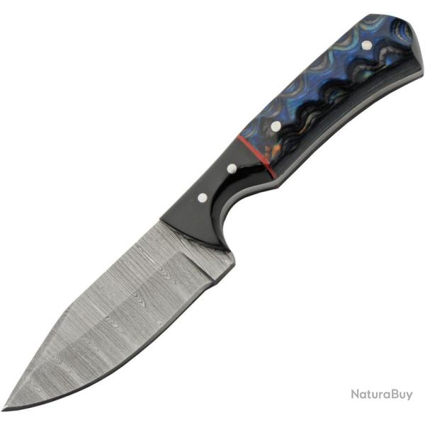 Couteau de D�pouille Damas Lame Acier Manche Pakkawood Noir et Bleu Sculpt� Etui Cuir DM1404BL