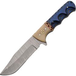 Couteau de Chasse Damas Clip Point Manche Pakkawood Bleu Bolster Os Etui Cuir DM1405BL