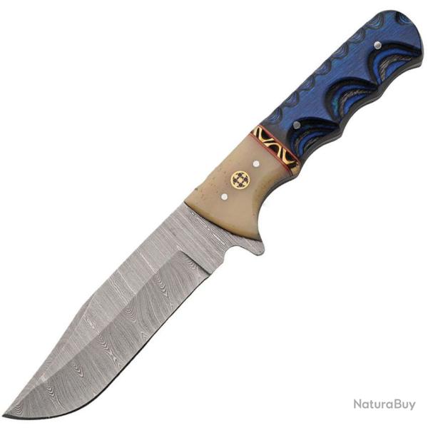 Couteau de Chasse Damas Clip Point Manche Pakkawood Bleu Bolster Os Etui Cuir DM1405BL