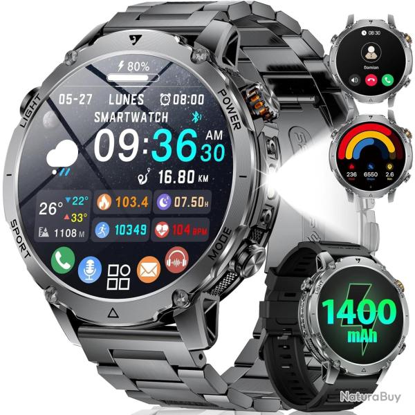 Montre Connect�e Homme, Batterie 1400mAh, �cran HD 1,7 Pouce, Lampe LED, 110+ Modes Sport Montre Mil