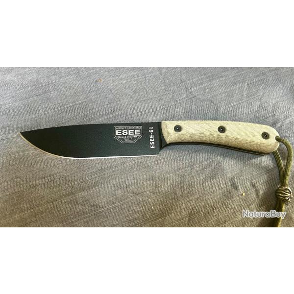 Couteau Esee 6Hm. manche am�lior� . �tat neuf jamais servi.complet avec etui cuir et dangler