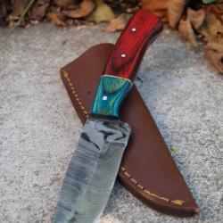 Skinner Couteau Damas Lame 256 Couches Lame Drop Point Manche 2 Bois Fabr Artisanale Etui Cuir