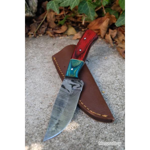 Skinner Couteau Damas Lame 256 Couches Lame Drop Point Manche 2 Bois Fabr Artisanale Etui Cuir