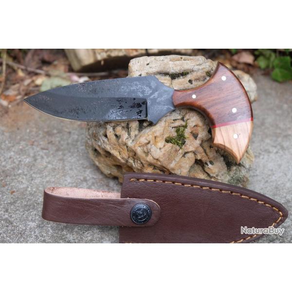 Couteau Push Dagger Lame Acier Carbone 1055 Black Manche Bois Etui Cuir Fabric Artisanale 01