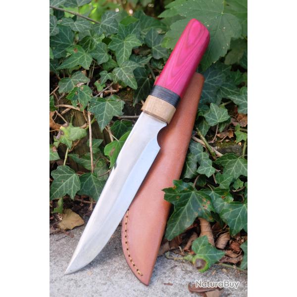 Poignard Puukko Couteau Lame Acier Carbone 1055 Clip Point Manche Fushia Fab Artisanale Etui Cuir