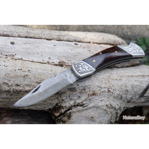 Couteau Lame Damas 128 Couches Style Buck 112 Manche Fa�on Acajou Fabr Artisanale S�curit� Lockback