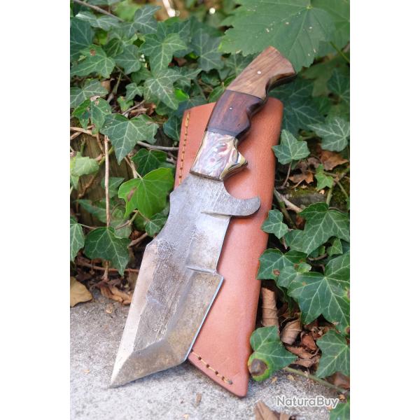 Couteau Bushcraft Trakker Survie Lame Acier Carbone 1075 SW Manche Bois Etui Cuir Fab Artisanale