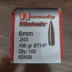 100 Hornady Match 6mm cal .243 105 gr HPBT