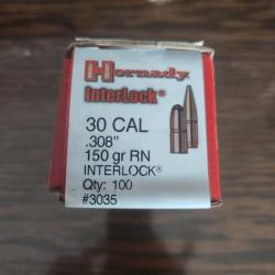 100 Hornady 30 cal .308 150 gr RN interlock